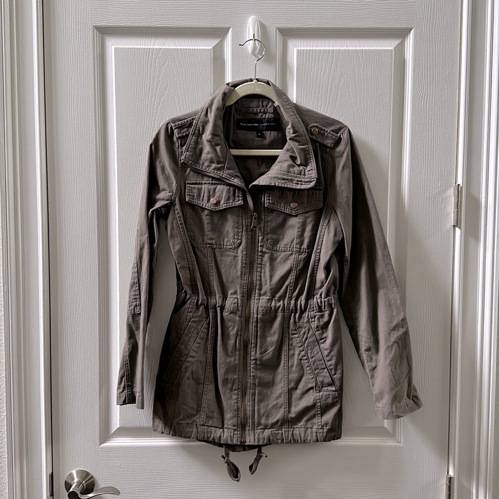 Utility jacket. Size S. Andrew Marc. Olive brown color. Longer in back. zip